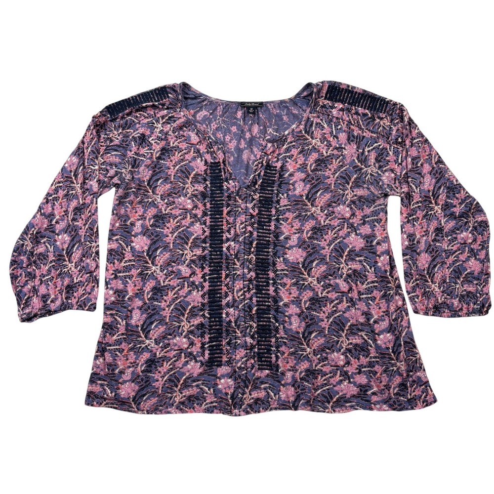 Lucky Brand Women's Medium Floral Top Boho Embroidered Ladder Stitch Linen Blend